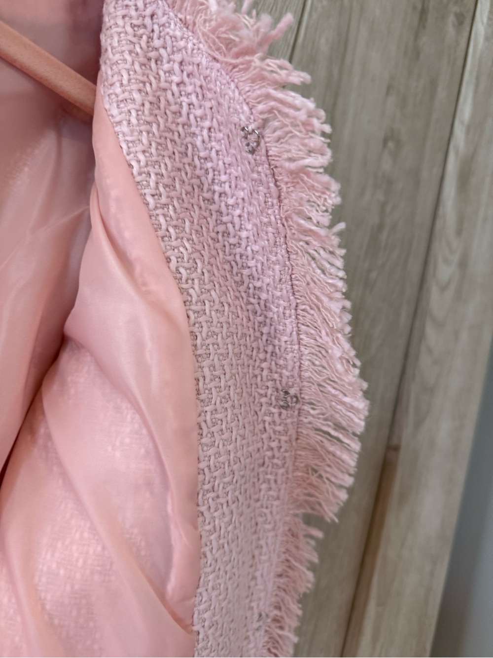 VENUS Blush Pink Tweed Fringe-Trim Long Blazer Perfect for Fall - Picture 4 of 11